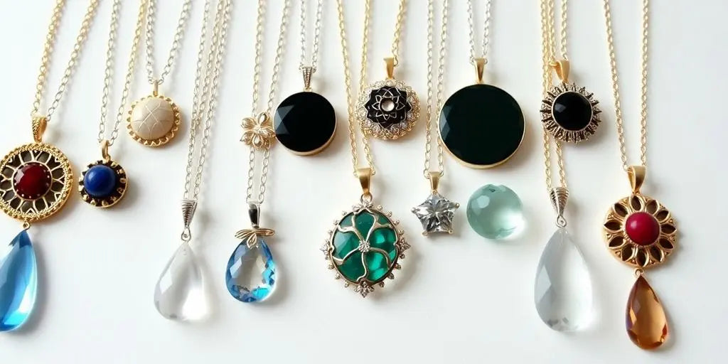 Various stylish pendants on chains displayed elegantly.