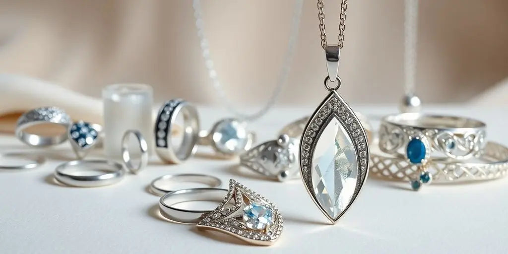 Elegant silver jewelry pieces displayed artistically on a surface.