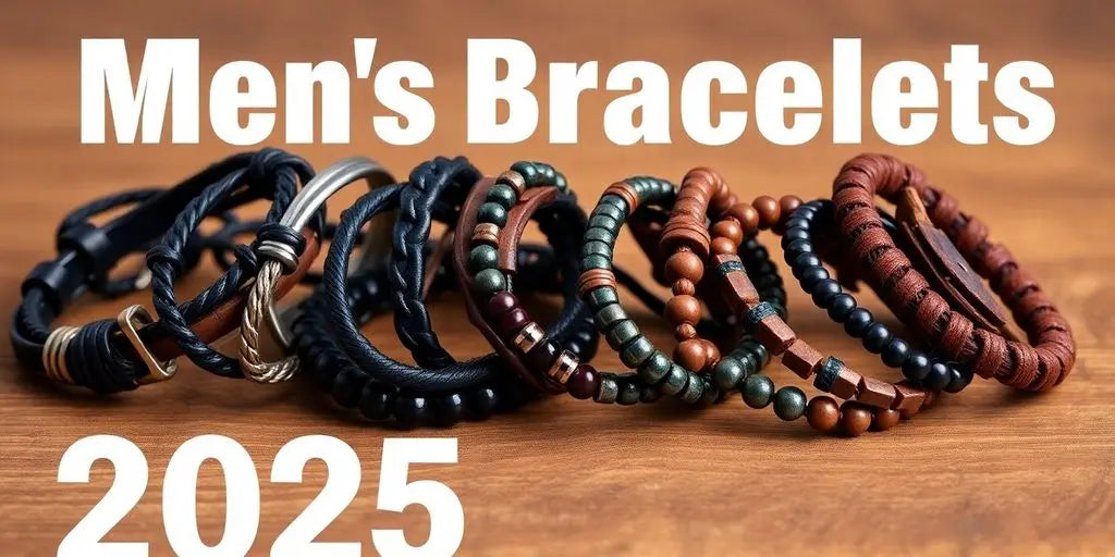 A variety of men's bracelets in different styles and materials.