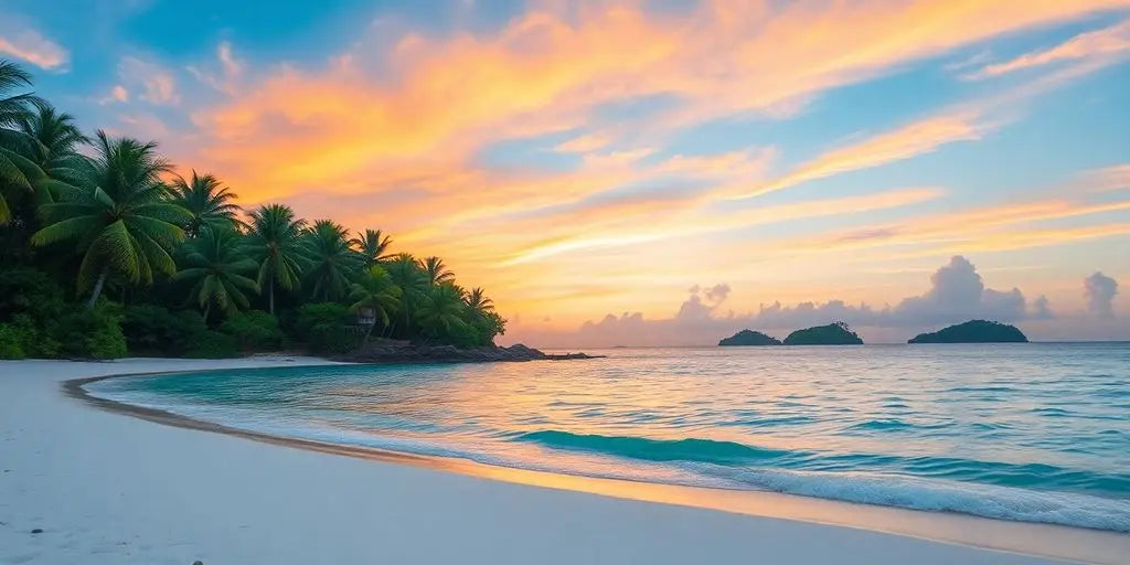 Tropical beach with clear waters and palm trees.