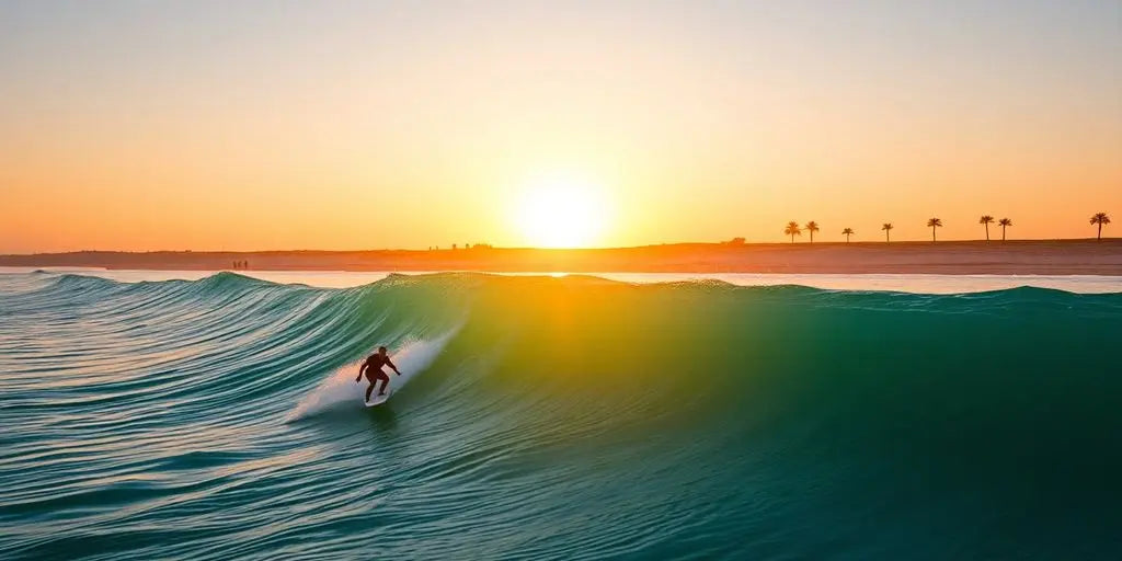 Surfer on a blue ocean wave, Moroccan coast, sunset