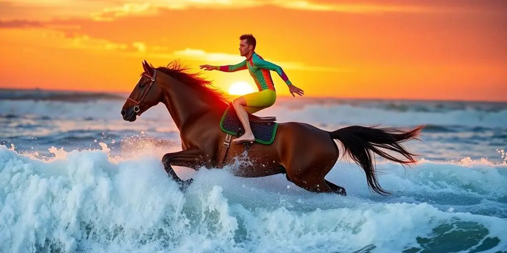 Rider surfing on a horse amid crashing waves.