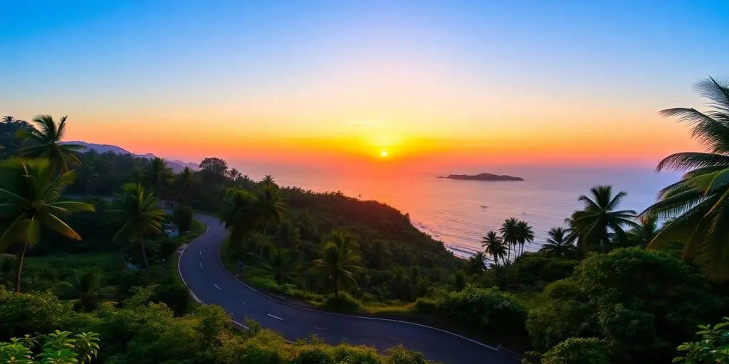 Winding road through lush greenery and coastline in Sri Lanka.
