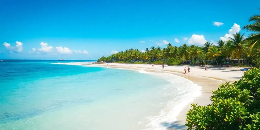 A tropical beach with surfers and clear blue waters.