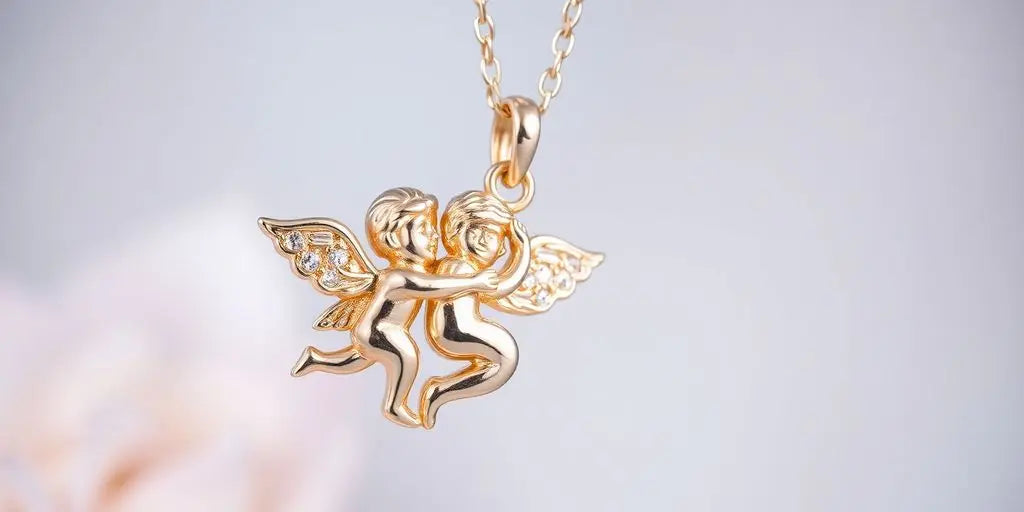 Close-up of a Cupid necklace with sparkling details.