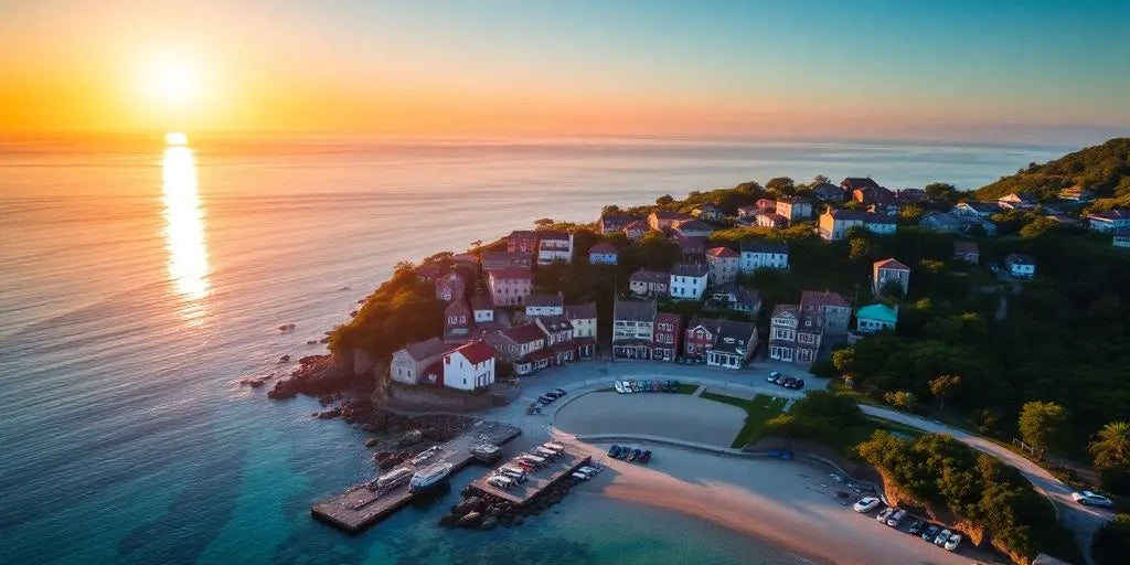 Aerial view of colorful island cottages by the sea.