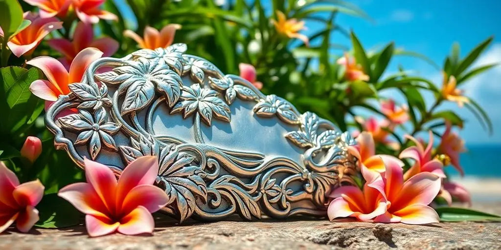 Silver Hawaiian jewelry with tropical flowers and greenery.