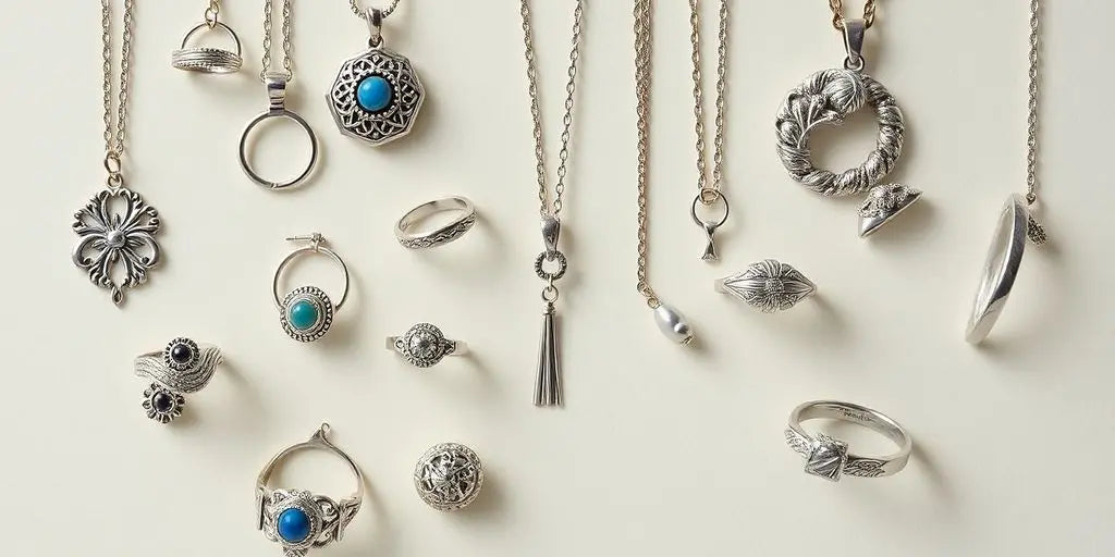 Close-up of unique silver jewelry pieces in Maryland.