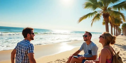 Beach scene with waves, sand, and happy travelers.